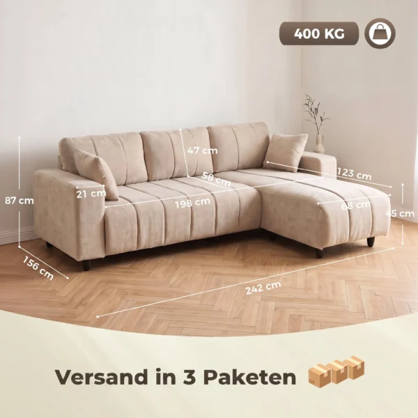 L vormige Hoekbank Met Flexibele Chaise Longue, 3 zits Bank Met 2 Kussens, Metalen Frame, Voor Woonkamer, Beige