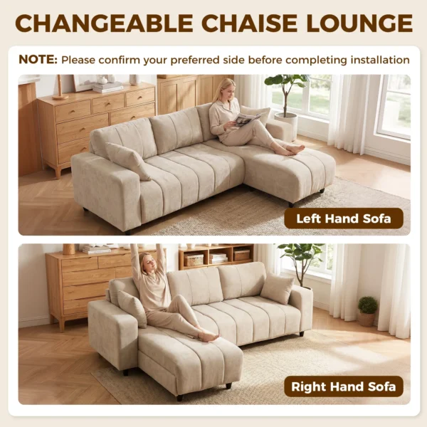 L vormige Hoekbank Met Flexibele Chaise Longue, 3 zits Bank Met 2 Kussens, Metalen Frame, Voor Woonkamer, Beige