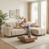 L vormige Hoekbank Met Flexibele Chaise Longue, 3 zits Bank Met 2 Kussens, Metalen Frame, Voor Woonkamer, Beige