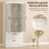 Landhuis keukenkast, Hoge Voorraadkast Met Verstelbare Planken En 2 Lades, Crèmewit