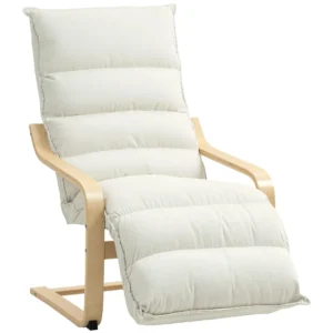 Loungefauteuil Van Berkenhout, Gestoffeerde Fauteuil Met Verstelbare Voetensteun, Moderne Leunstoel, Crèmewit