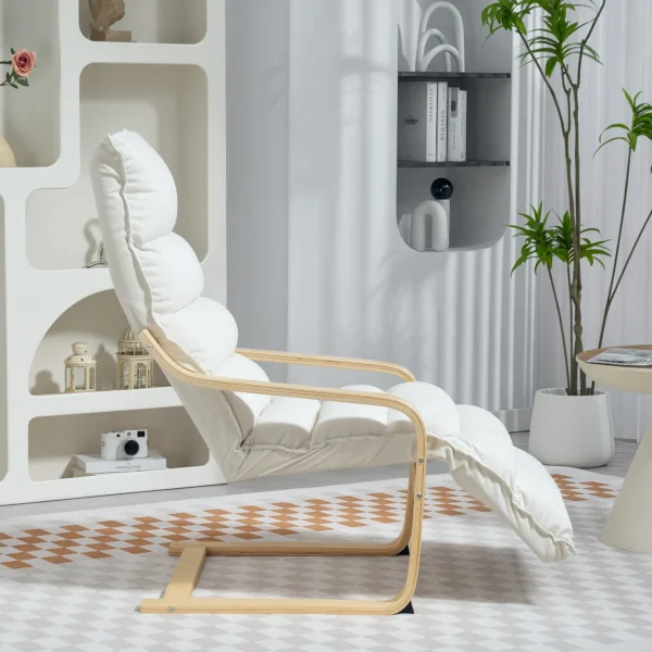 Loungefauteuil Van Berkenhout, Gestoffeerde Fauteuil Met Verstelbare Voetensteun, Moderne Leunstoel, Crèmewit