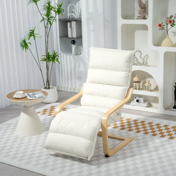 Loungefauteuil Van Berkenhout, Gestoffeerde Fauteuil Met Verstelbare Voetensteun, Moderne Leunstoel, Crèmewit