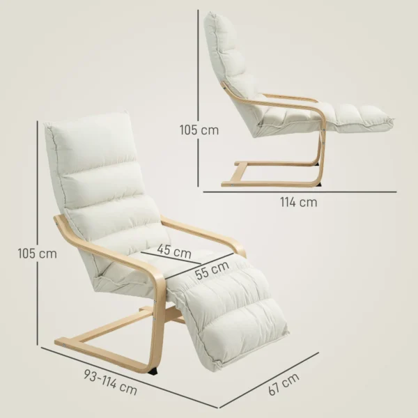 Loungefauteuil Van Berkenhout, Gestoffeerde Fauteuil Met Verstelbare Voetensteun, Moderne Leunstoel, Crèmewit