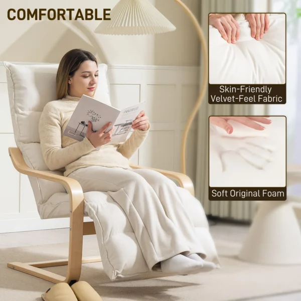 Loungefauteuil Van Berkenhout, Gestoffeerde Fauteuil Met Verstelbare Voetensteun, Moderne Leunstoel, Crèmewit