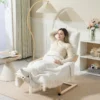Loungefauteuil Van Berkenhout, Gestoffeerde Fauteuil Met Verstelbare Voetensteun, Moderne Leunstoel, Crèmewit