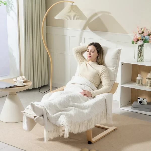 Loungefauteuil Van Berkenhout, Gestoffeerde Fauteuil Met Verstelbare Voetensteun, Moderne Leunstoel, Crèmewit