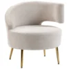 Loungestoel Met Chenille look, Schuine Rugleuning, Gouden Stalen Poten Voor Woonkamer, Roomwit