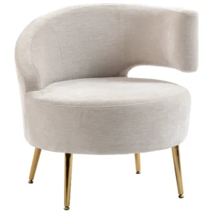 Loungestoel Met Chenille look, Schuine Rugleuning, Gouden Stalen Poten Voor Woonkamer, Roomwit