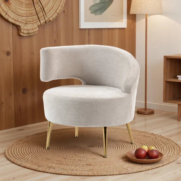 Loungestoel Met Chenille look, Schuine Rugleuning, Gouden Stalen Poten Voor Woonkamer, Roomwit