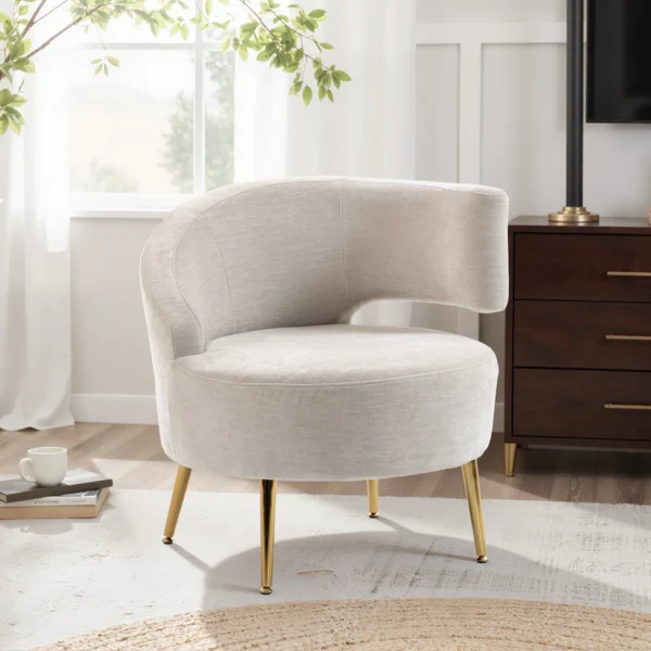 Loungestoel Met Chenille look, Schuine Rugleuning, Gouden Stalen Poten Voor Woonkamer, Roomwit
