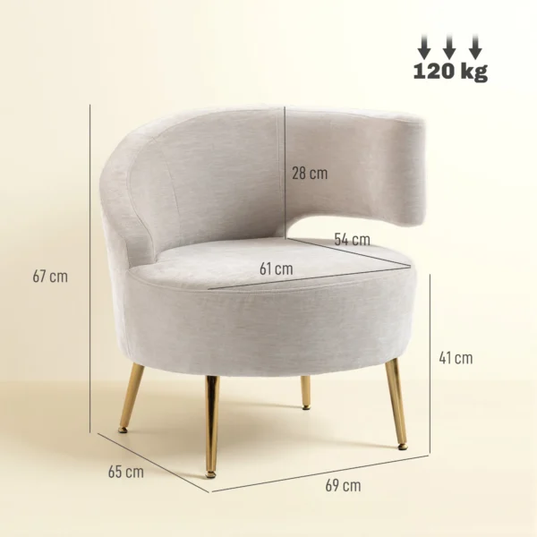 Loungestoel Met Chenille look, Schuine Rugleuning, Gouden Stalen Poten Voor Woonkamer, Roomwit