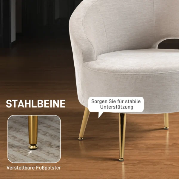 Loungestoel Met Chenille look, Schuine Rugleuning, Gouden Stalen Poten Voor Woonkamer, Roomwit
