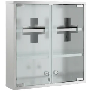 Medizinschrank, Abschließbarer Medikamentenschrank Mit 2 Schlüsseln, Glastür Und 6 Regalen, 48 X 46 X 12 Cm, Silber