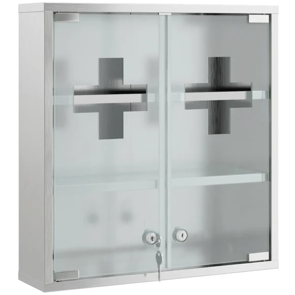 Medizinschrank, Abschließbarer Medikamentenschrank Mit 2 Schlüsseln, Glastür Und 6 Regalen, 48 X 46 X 12 Cm, Silber