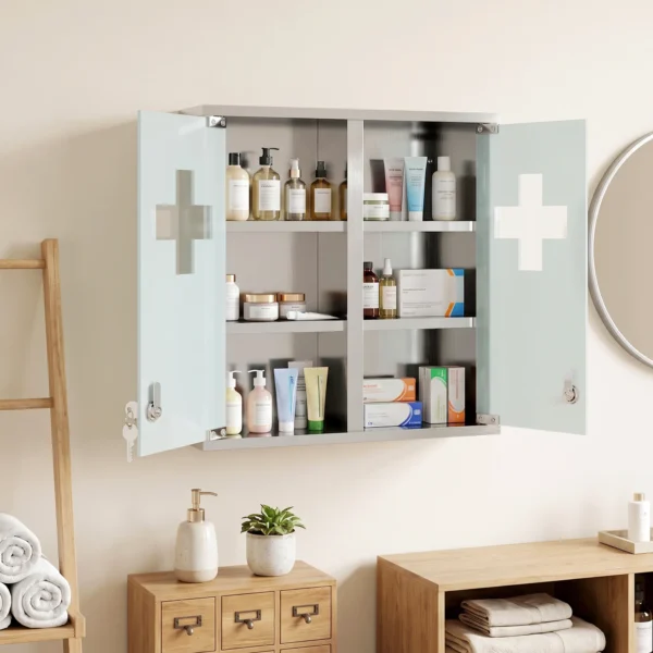 Medizinschrank, Abschließbarer Medikamentenschrank Mit 2 Schlüsseln, Glastür Und 6 Regalen, 48 X 46 X 12 Cm, Silber