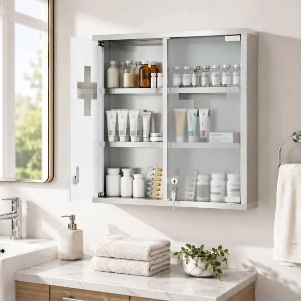 Medizinschrank, Abschließbarer Medikamentenschrank Mit 2 Schlüsseln, Glastür Und 6 Regalen, 48 X 46 X 12 Cm, Silber
