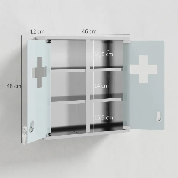 Medizinschrank, Abschließbarer Medikamentenschrank Mit 2 Schlüsseln, Glastür Und 6 Regalen, 48 X 46 X 12 Cm, Silber