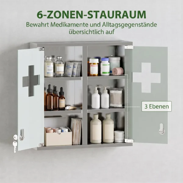 Medizinschrank, Abschließbarer Medikamentenschrank Mit 2 Schlüsseln, Glastür Und 6 Regalen, 48 X 46 X 12 Cm, Silber