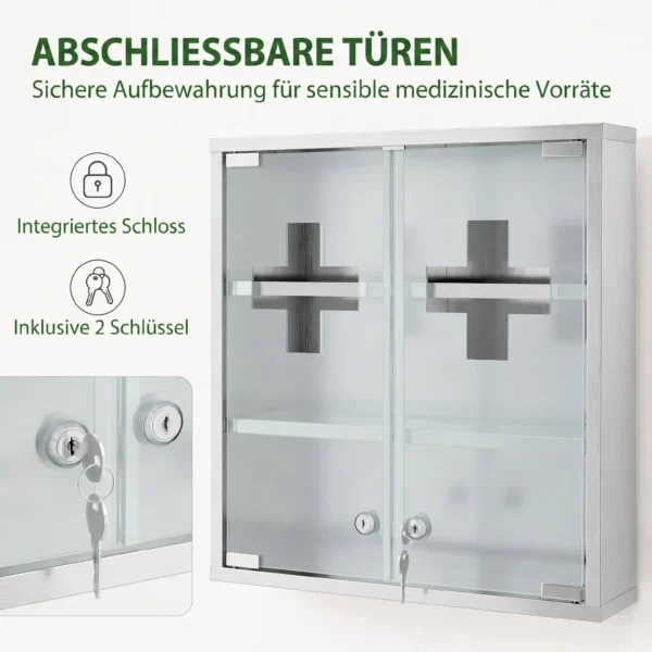 Medizinschrank, Abschließbarer Medikamentenschrank Mit 2 Schlüsseln, Glastür Und 6 Regalen, 48 X 46 X 12 Cm, Silber