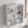 Medizinschrank, Abschließbarer Medikamentenschrank Mit 2 Schlüsseln, Glastür Und 6 Regalen, 48 X 46 X 12 Cm, Silber