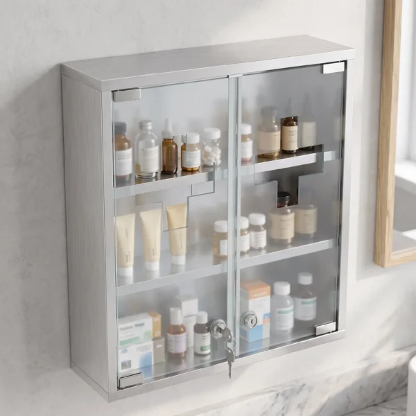 Medizinschrank, Abschließbarer Medikamentenschrank Mit 2 Schlüsseln, Glastür Und 6 Regalen, 48 X 46 X 12 Cm, Silber