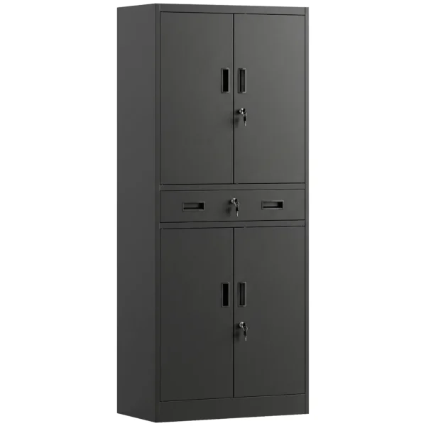 Metallschrank 180 Cm, Werkzeugschrank Mit Abschließbaren Türen, Schublade Und Verstellbaren Böden, Schwarz