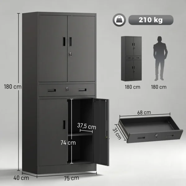 Metallschrank 180 Cm, Werkzeugschrank Mit Abschließbaren Türen, Schublade Und Verstellbaren Böden, Schwarz