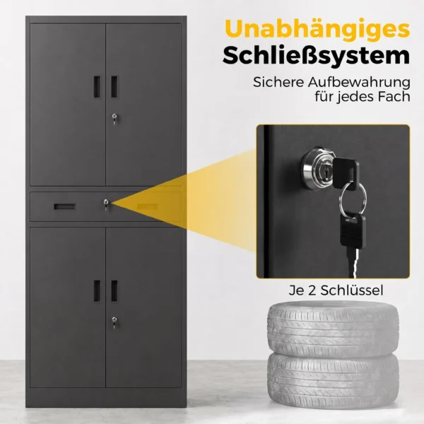 Metallschrank 180 Cm, Werkzeugschrank Mit Abschließbaren Türen, Schublade Und Verstellbaren Böden, Schwarz