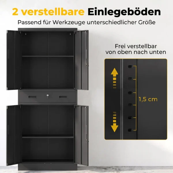 Metallschrank 180 Cm, Werkzeugschrank Mit Abschließbaren Türen, Schublade Und Verstellbaren Böden, Schwarz