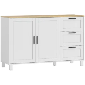 Modern Dressoir Met Soft close Deuren, Koffiebar Kast Met 3 Lades En Verstelbare Plank, Wit