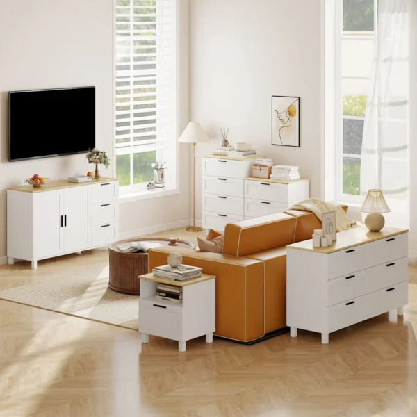 Modern Dressoir Met Soft close Deuren, Koffiebar Kast Met 3 Lades En Verstelbare Plank, Wit