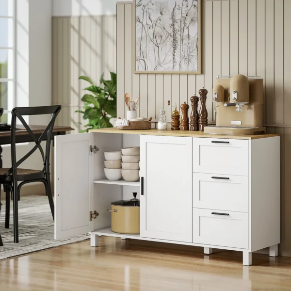 Modern Dressoir Met Soft close Deuren, Koffiebar Kast Met 3 Lades En Verstelbare Plank, Wit