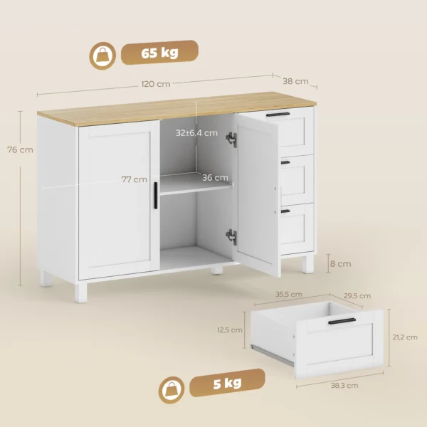 Modern Dressoir Met Soft close Deuren, Koffiebar Kast Met 3 Lades En Verstelbare Plank, Wit