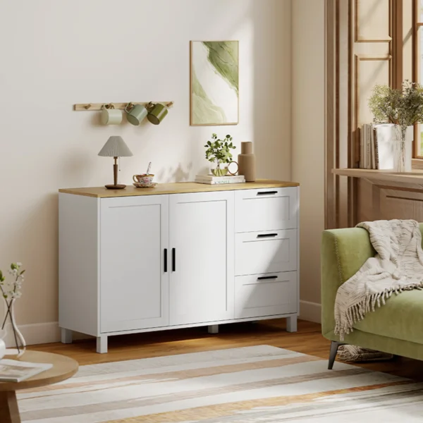 Modern Dressoir Met Soft close Deuren, Koffiebar Kast Met 3 Lades En Verstelbare Plank, Wit