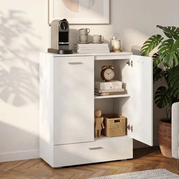 Modernes Sideboard, Freistehender Aufbewahrungsschrank Mit Schublade Und Verstellbarem Einlegeboden, Weiß