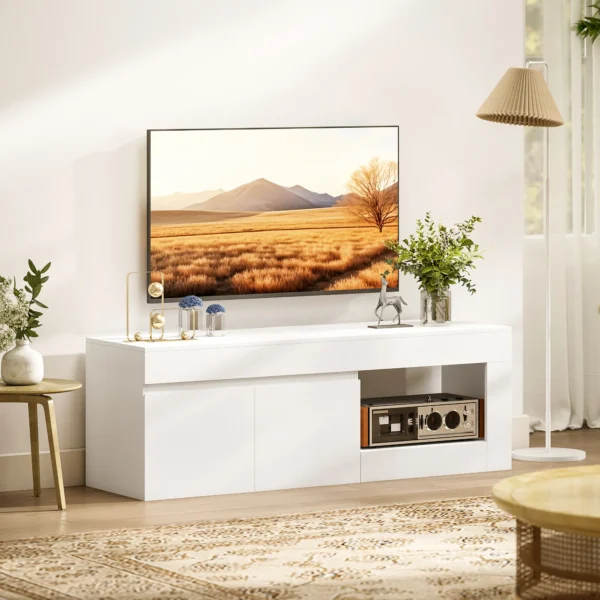 Modernes TV Lowboard Fürs Wohnzimmer Mit 2 Türen, Offenem Fach Und Griffen, Für TVs Bis 60 Zoll, 140 X 40 X 48 Cm, Weiß