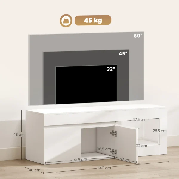 Modernes TV Lowboard Fürs Wohnzimmer Mit 2 Türen, Offenem Fach Und Griffen, Für TVs Bis 60 Zoll, 140 X 40 X 48 Cm, Weiß