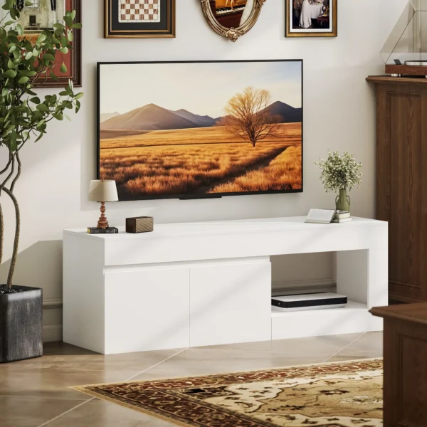 Modernes TV Lowboard Fürs Wohnzimmer Mit 2 Türen, Offenem Fach Und Griffen, Für TVs Bis 60 Zoll, 140 X 40 X 48 Cm, Weiß