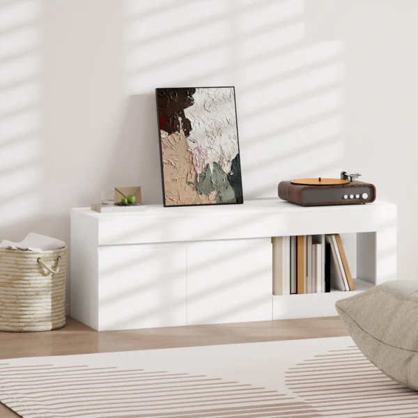 Modernes TV Lowboard Fürs Wohnzimmer Mit 2 Türen, Offenem Fach Und Griffen, Für TVs Bis 60 Zoll, 140 X 40 X 48 Cm, Weiß