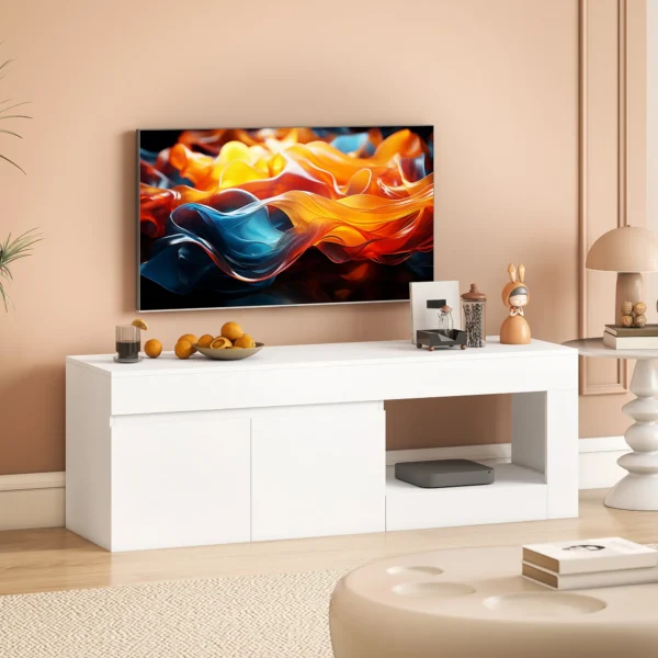Modernes TV Lowboard Fürs Wohnzimmer Mit 2 Türen, Offenem Fach Und Griffen, Für TVs Bis 60 Zoll, 140 X 40 X 48 Cm, Weiß