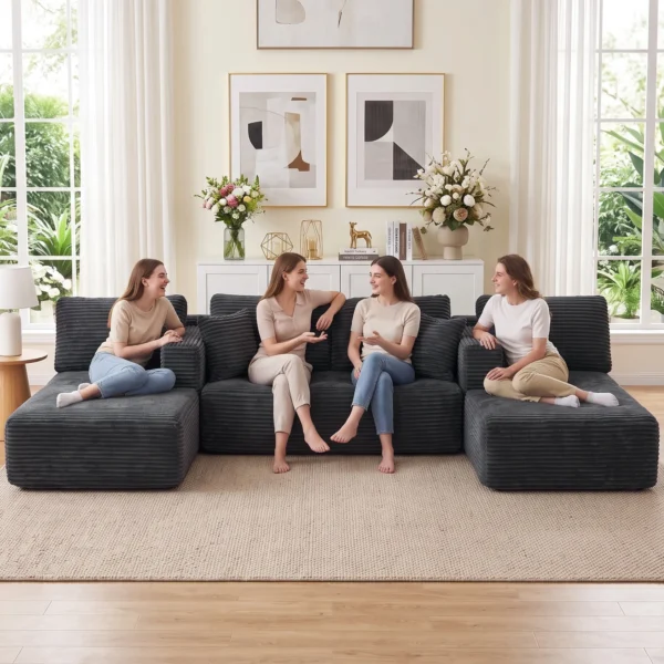 Modulair U bank Met 2 Chaise Longues, Cord slaapbank Met Hoogdicht Schuim En Veerpolstering, Donkergrijs