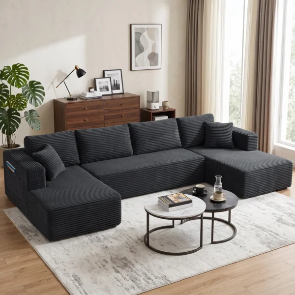 Modulair U bank Met 2 Chaise Longues, Cord slaapbank Met Hoogdicht Schuim En Veerpolstering, Donkergrijs