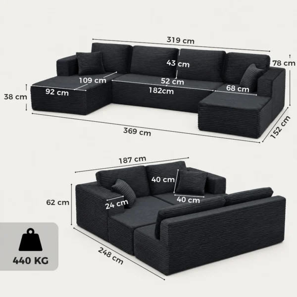 Modulair U bank Met 2 Chaise Longues, Cord slaapbank Met Hoogdicht Schuim En Veerpolstering, Donkergrijs