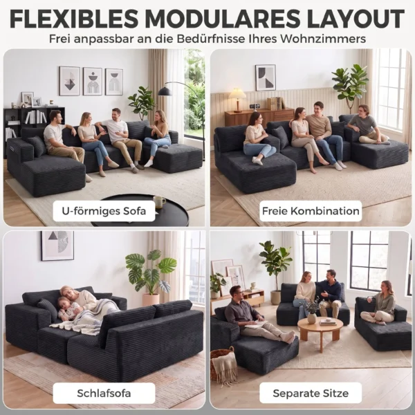 Modulair U bank Met 2 Chaise Longues, Cord slaapbank Met Hoogdicht Schuim En Veerpolstering, Donkergrijs