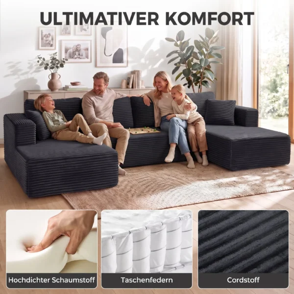 Modulair U bank Met 2 Chaise Longues, Cord slaapbank Met Hoogdicht Schuim En Veerpolstering, Donkergrijs