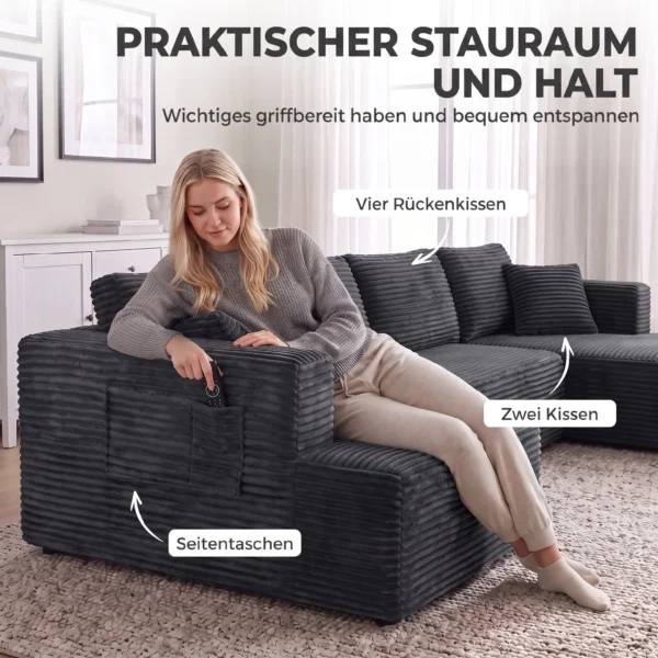 Modulair U bank Met 2 Chaise Longues, Cord slaapbank Met Hoogdicht Schuim En Veerpolstering, Donkergrijs