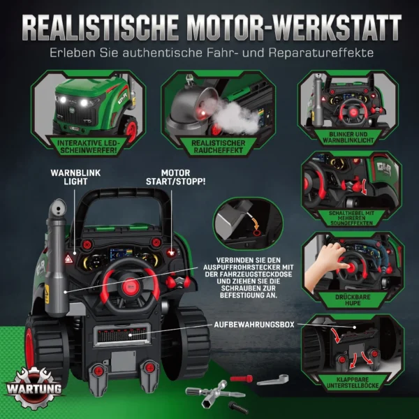 Motorspielzeug Kinder 60 teilig Autoreparaturset Mit Abnehmbaren Teilen, Lichtern Sprühnebel Geräuschen, Lenkrad