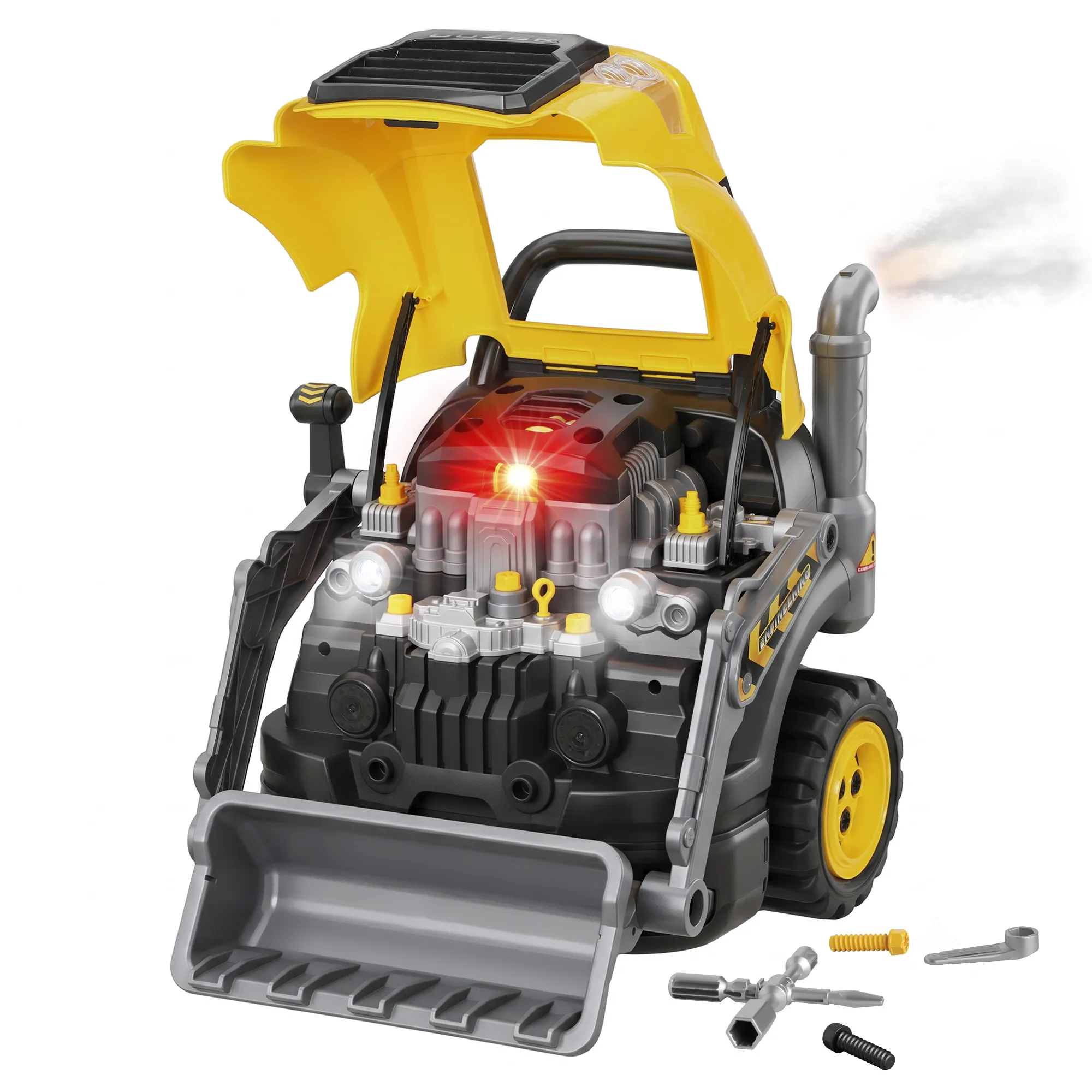 Motorspielzeug Kinder 68-teilig Bagger Autoreparaturset Mit Lichtern & Sound Nebelfunktion Geräuschen, Lenkrad Hupe Gelb