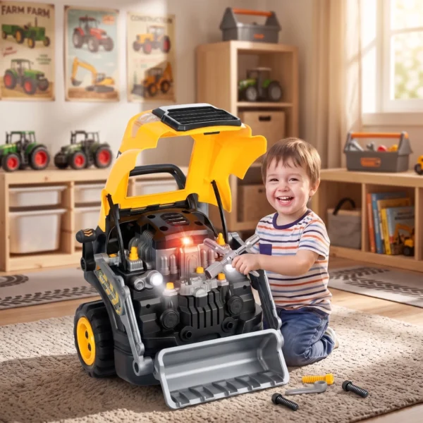 Motorspielzeug Kinder 68 teilig Bagger Autoreparaturset Mit Lichtern & Sound Nebelfunktion Geräuschen, Lenkrad Hupe Gelb